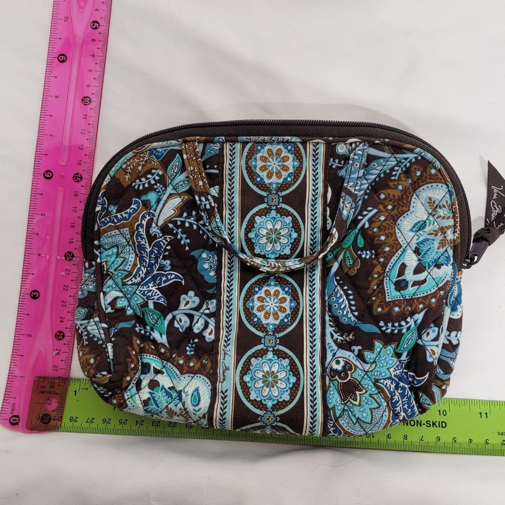 Vera Bradley Mocha Rouge Quilted Cotton Cosmetic Makeup Bag Brown Turquoise